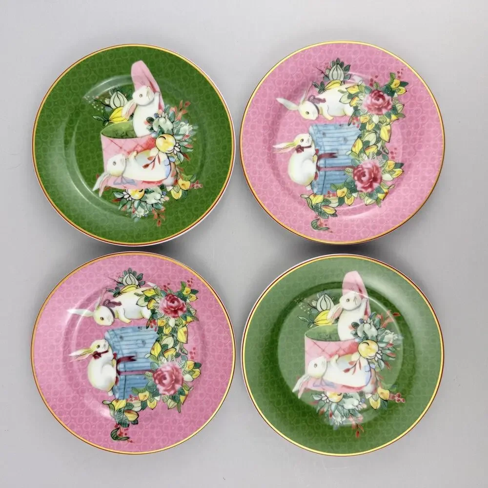 Williams Sonoma Famille Rose Appetizer Plates Bunny Set Of 4 Pink Green Easter